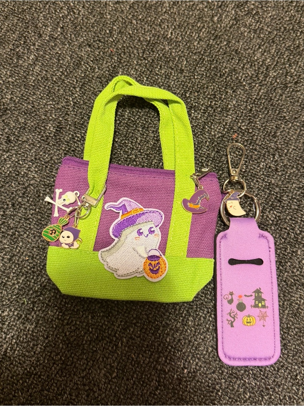 Kids Halloween Ghost Tote Bag with Keychain - Green & Purple